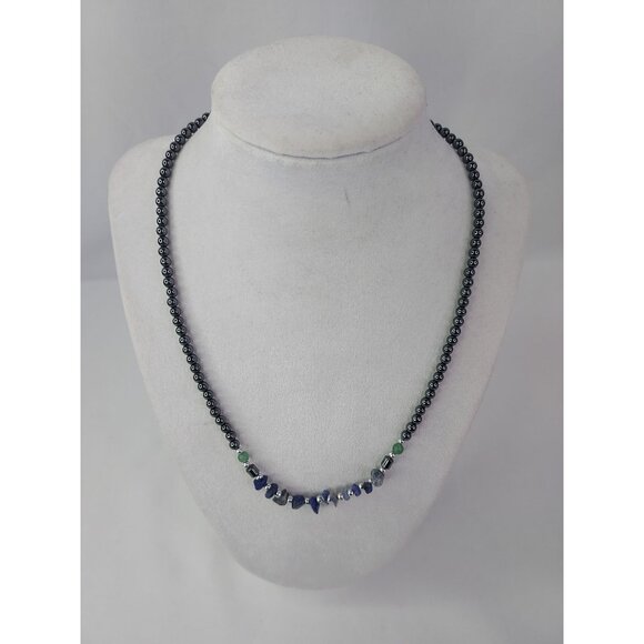 Hematite and Blue Chip and Round Green Beaded Necklace - Picture 1 of 4